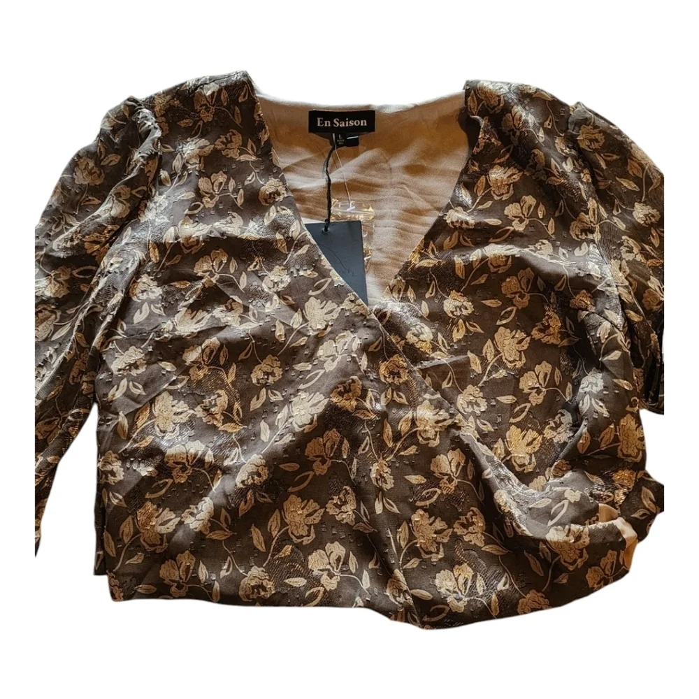 Anthropologie En Saison Wrap Blouse Brown Floral Jacquard Puff Sleeve Tie L NWT - Picture 3 of 16